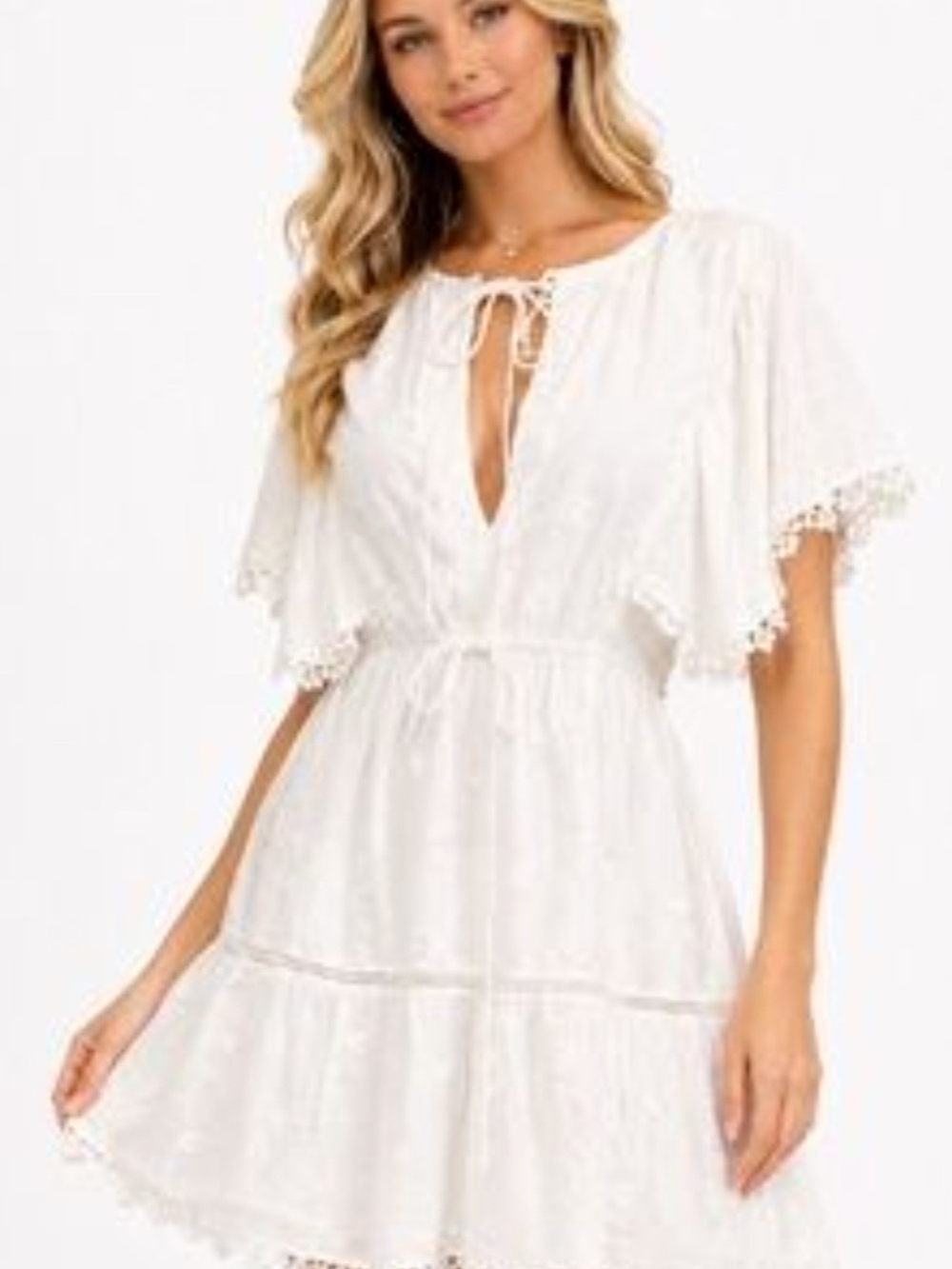 FARM Rio White Asymmetrical Tiered Lace Mini Dress